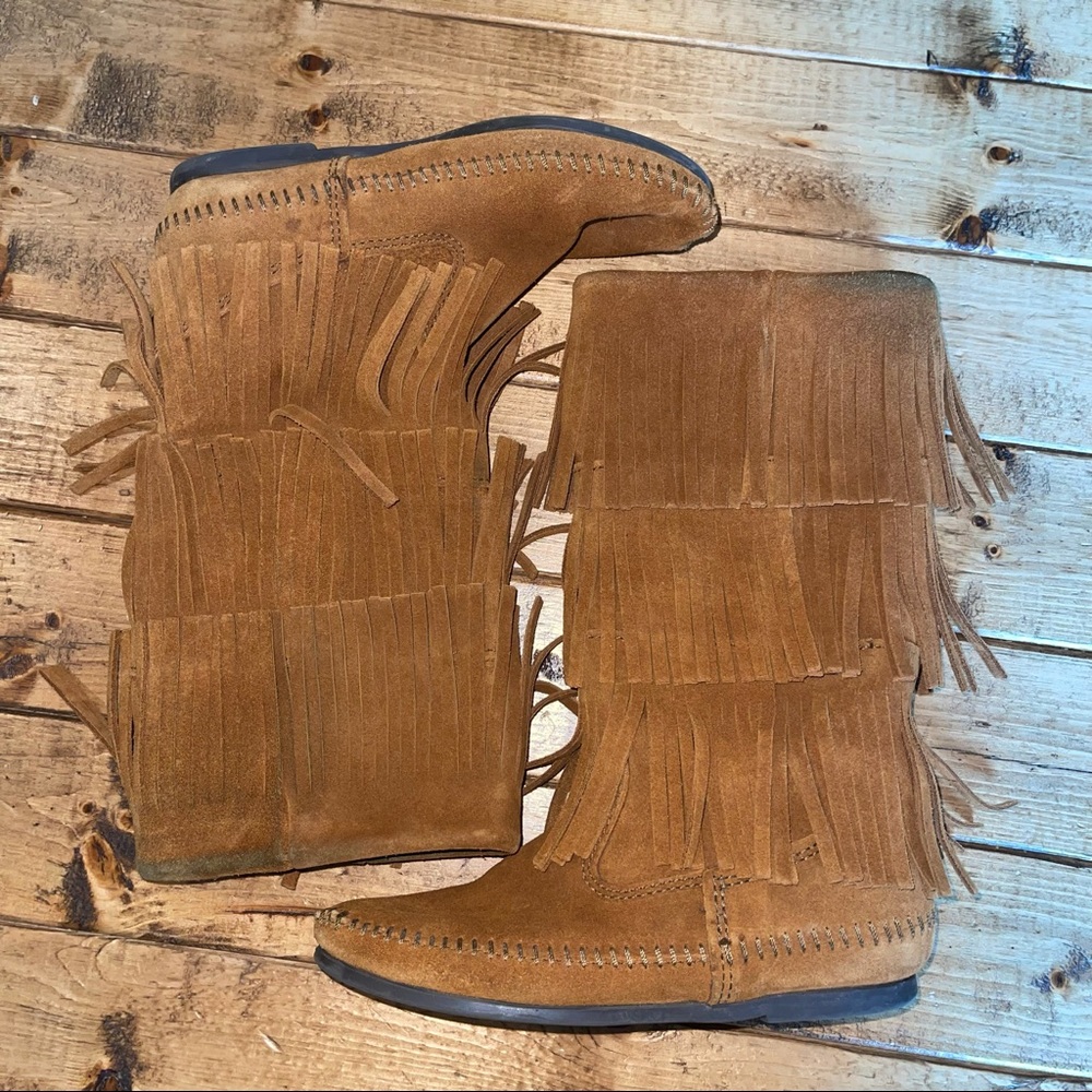 Minnetonka Brown Triple Fringe Leather Moccasin Boots